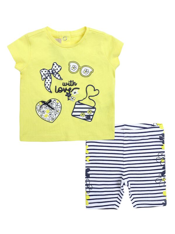 Girls White & Blue Printed T-Shirt with Short Pants image number 0